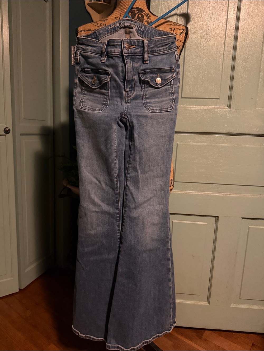 American Eagle Outfitters Medium Blue Flare Jeans with Front Flap Pockets
